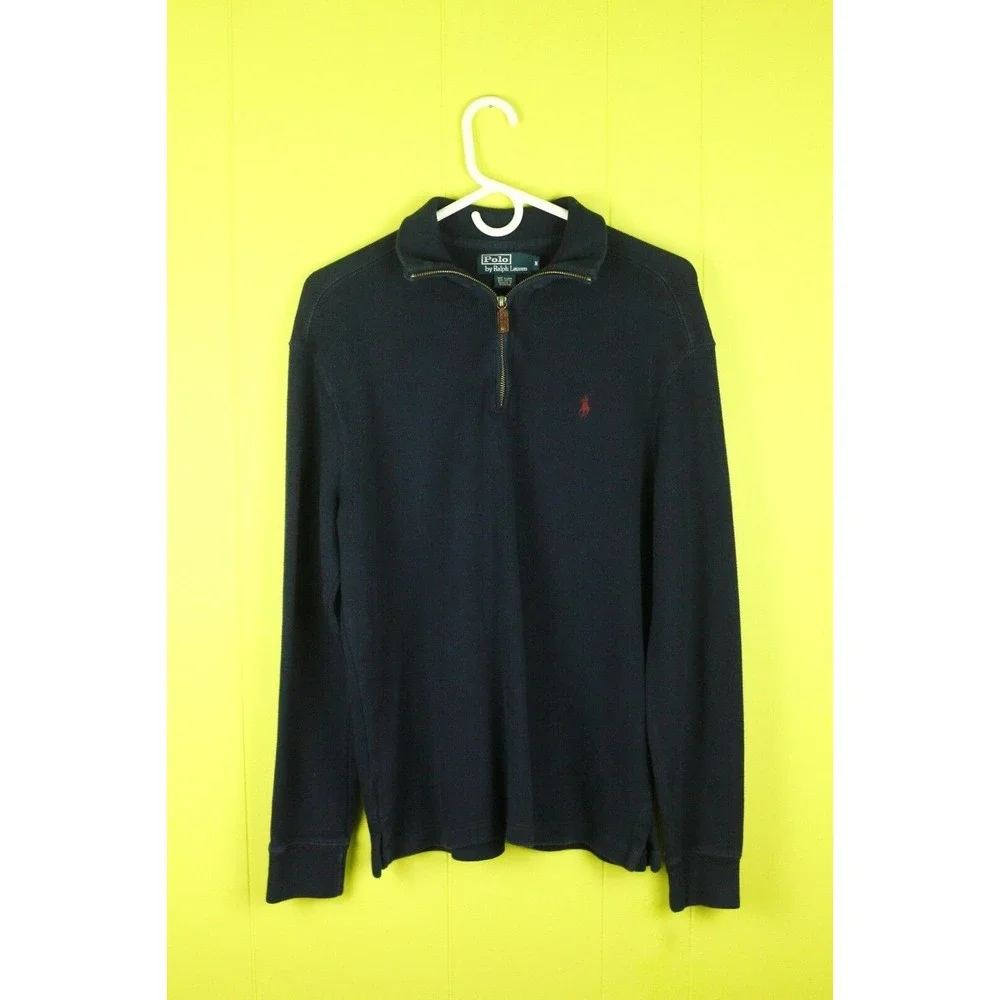 Polo Ralph Lauren Men’s Sz M 1/4 Zip Sweater Navy Blue Cotton Red Pony Logo